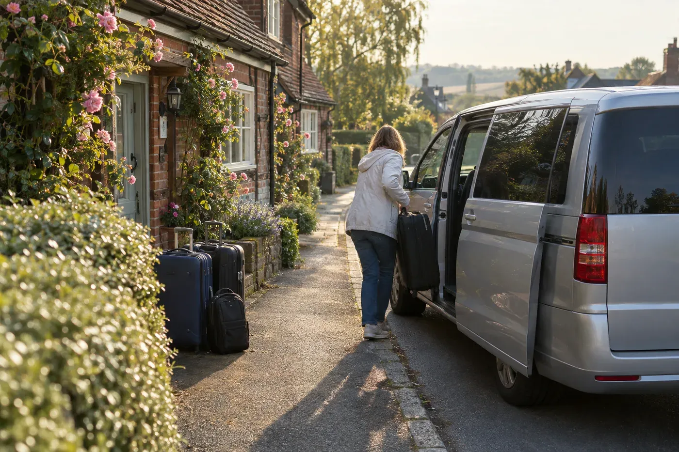 Suitcases by a cottage front door while a woman loads one into a silver minibus parked at the kerb