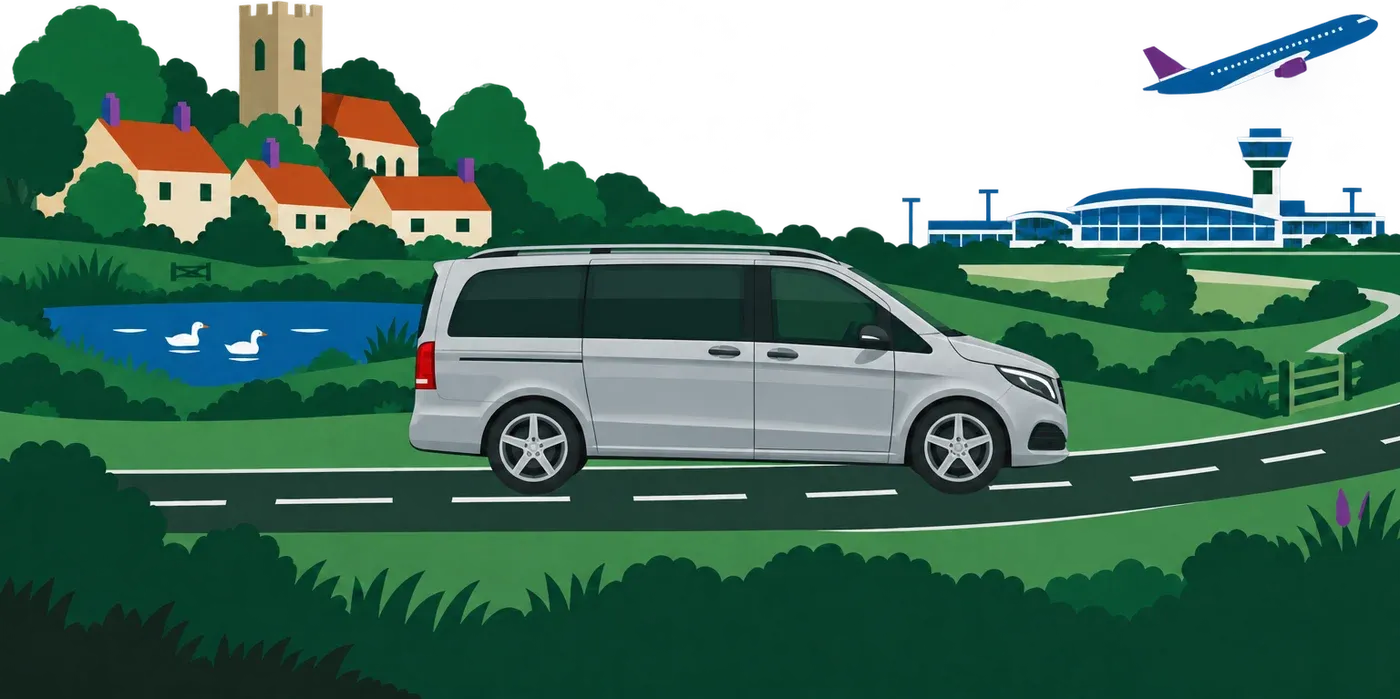 Illustration of a minibus on the road from a village with a church and a duck pond to an airport